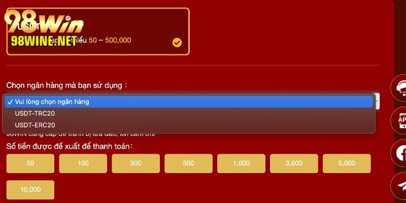 Từng bước nạp tiền 98win trực tuyến với USDT